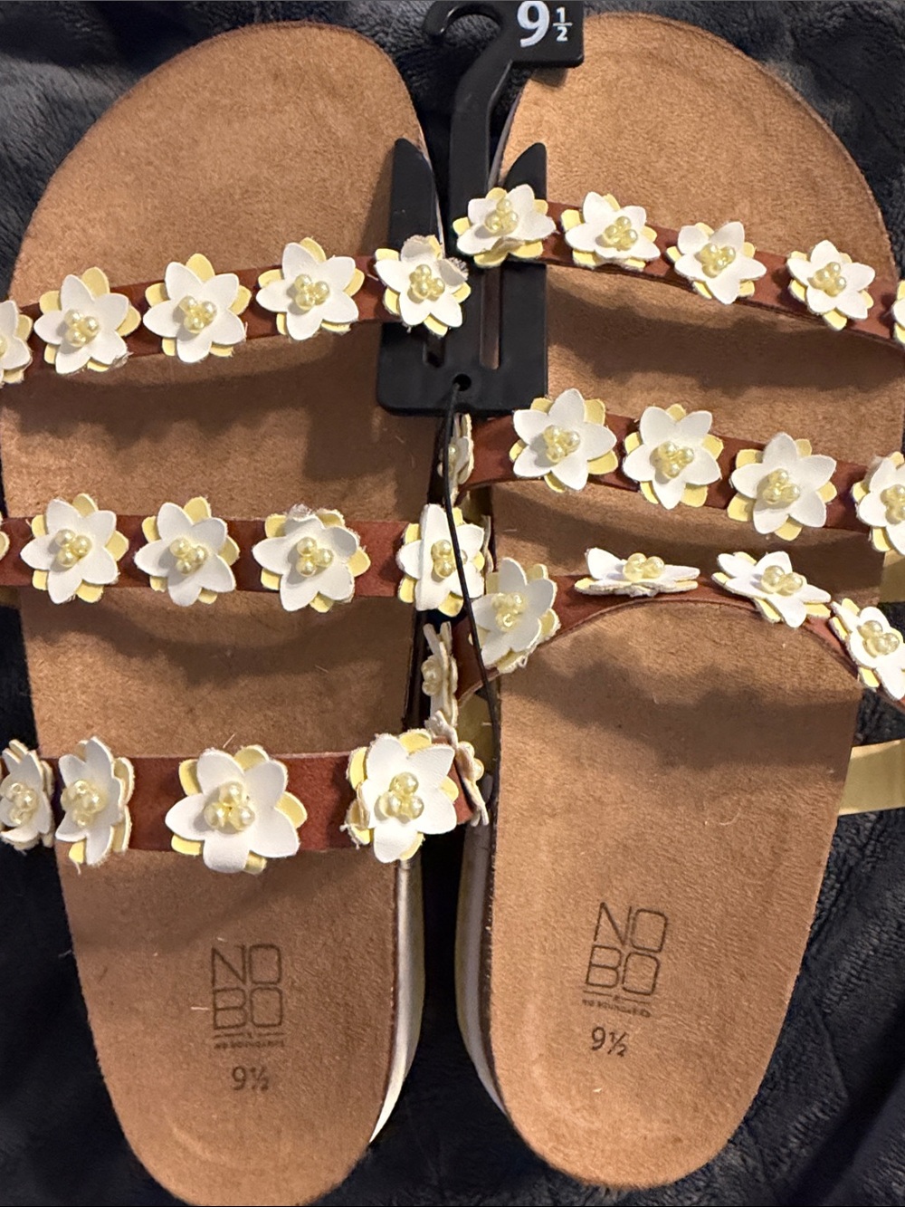 NOBO White Floral Daisy Triple-Strap Slide Sandals with Brown Straps Size 91/2